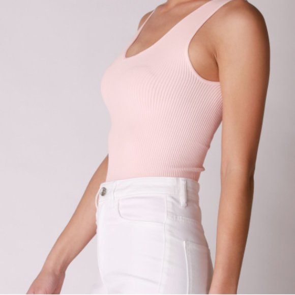 Pink Ribbed Thong V Neck Bodysuit - Picture 2 of 5